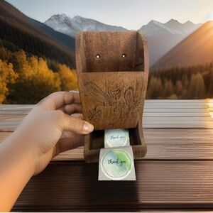 Wood Hanging Matchsticks Holder Chipmunk Squirrel Carved Wood Vintage Labels Box